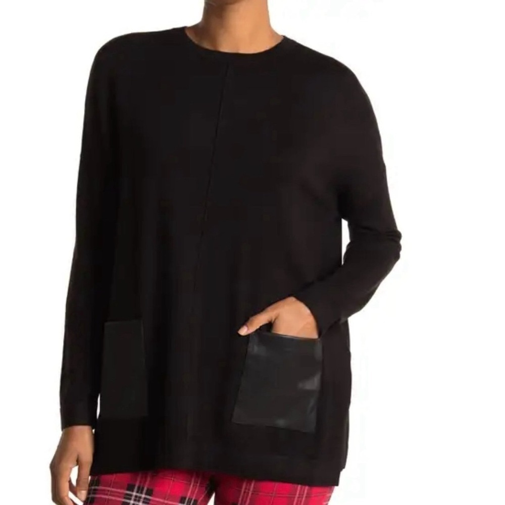 T TAHARI women’s black Faux Leather Patch Pocket Pullover Tunic Sweater Small